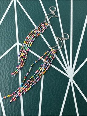 Seed Bead Crescent Moon Fringe Earrings - handmade